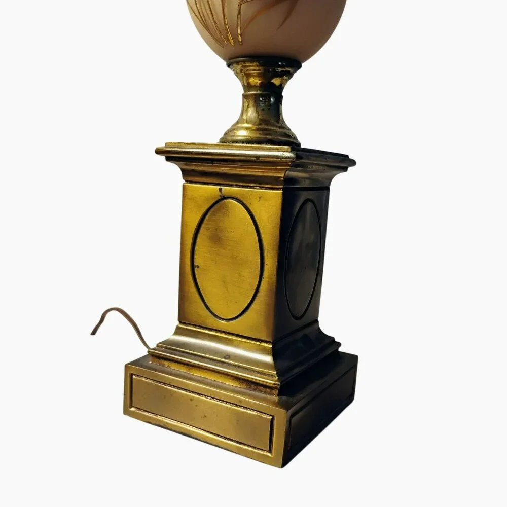 Antique Cream Satin Glass Table Lamp, Hand Painted Gold Wheat, Brass Base, 28